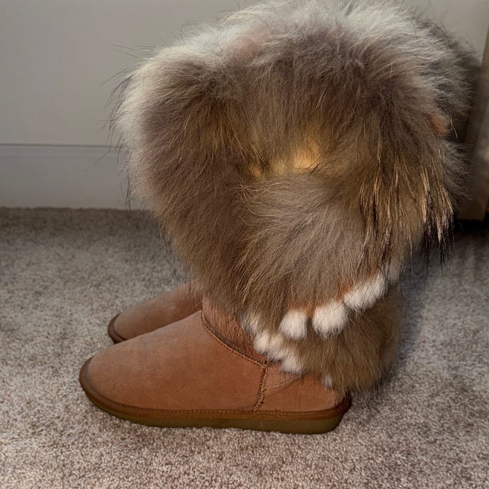 Chestnut Sheepskin Suede Fur Cuff Winter Boots - Picture 4 of 5